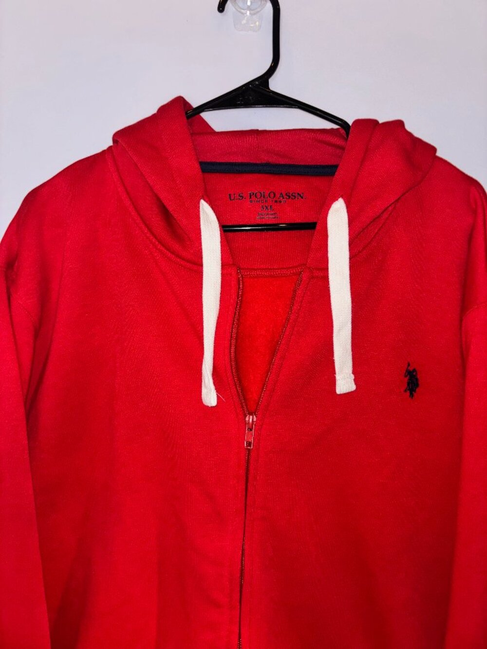 US Polo Assn Red Zip Up Hooded Sweatshirt White Drawstrings